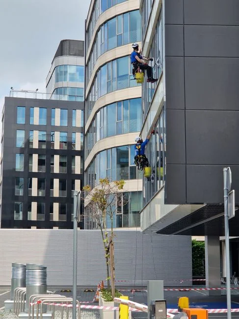 Two workers cleaning windows on a glass building facade using a lift platform, enhancing building aesthetics.